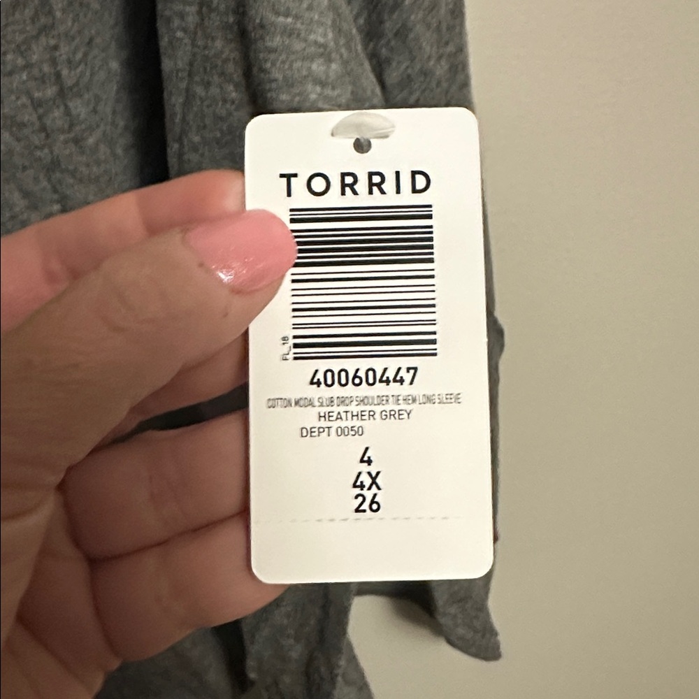Torrid Cotton Modal Slub Drop Shoulder Tie Hem Gray Drawstring Long Sleeve 4X - Picture 4 of 6